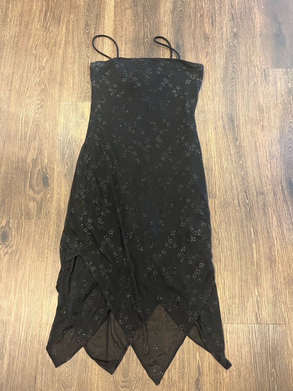 Black Floral Slip Dress with Handkerchief Hem